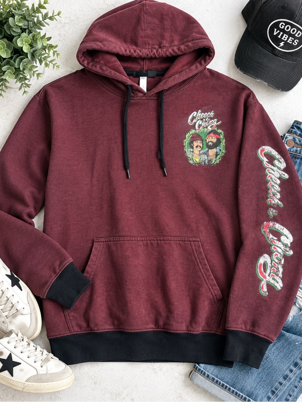 Cheech & Chong Burgundy Graphic Hoodie – Size XL